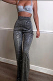 Purpdrank - High Waist Sequin Fall Party Wear Wide Leg Casual Trousers Fashion Loose Glitter Shiny Bell Bottom Pants for Women