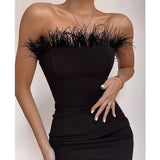 Purpdrank - New Summer Sexy Strapless Backless Feather Black Midi Women Bodycon Bandage Dress Designer Fashion Party Club Dress Vestido