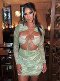 Purpdrank - 2023 Print Mini Dress For Woman Hollow Out Lace Up Long Sleeve Green Women Holiday Sexy Bodycon Fashion Autumn Marble Dresses