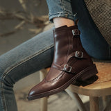 Purpdrank - winter new full leather low-heeled women's boots retro fashion all-match essential women's short boots pointed ankle boots