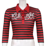 Purpdrank - Goth Print Tops Stripe Cute Y2K T-Shirts Dark Academia Techwear Button Up V Neck Half Sleeve Sweat Shirts Grunge Tees