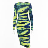 Purpdrank - Long Sleeve Sheath Slim Ruched Mini Bandage Dress Ladies Skinny Bodycon Sexy Tie Dye Dresses for Women Vestidos De Mujer