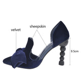 Purpdrank - Navy Blue Brand Designer Women Shoes Pearl High Heel Pointed Toe Velvet Bow 9 cm Stiletto Party Shoes Pumps 34-43