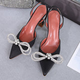 Purpdrank - Glitter Rhinestone Women Pumps Crystal Bowknot Satin Pointed Toe High Heels Slingbacks Shoe Slip On Ladies Wedding Pumps Sandal