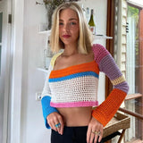 Purpdrank - Women Spring Autumn Streetwear Crochet Knit Crop Tops Long Sleeve Square Collar Color Block Hollow Out Regular Fit T-Shirts