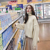 Purpdrank - Women Stripes Sweater Harajuku Winter Vintage Women Thickening Loose Warm Turtleneck Sweater