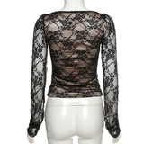 Purpdrank - Lace Women T shirt Elegant Vintage Long Sleeve Transparent Slim Party Streetwear Casual Top Autumn Fashion Tshirt