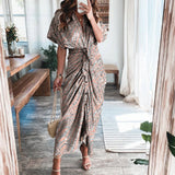 Purpdrank - 2023 New Bandage Single Breasted Dress Women Casual Short Sleeve Button Solid Maxi Dress For Woman Summer Holiday Style Dress