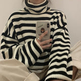 Purpdrank - Women Stripes Sweater Harajuku Winter Vintage Women Thickening Loose Warm Turtleneck Sweater