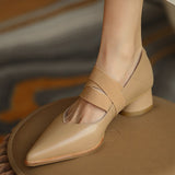 Purpdrank - New Genuine Leather Elastic Band Women Shoes Fashion Spring/Autumn Pointed Toe Shallow Pumps Thick Heel Shoes Woman Size 34-40