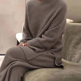 Purpdrank - Knitted Sweater Suit Women Elegant Solid O-Neck Pullovers+Wide Leg Pants Suit Lady Autumn Winter Soft 2 Piece Set Homewear