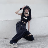 Purpdrank - Techwear Gothic Black Cargo Pants Women Streetwear Hollow Out Punk Wide Leg Oversize Pockets Trousers For Female Hip Hop