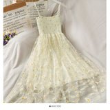Purpdrank - Daisy Mesh Yarn Spaghetti Strap Dress Women New Summer French Style Pleated Slim Wasit Retro Sweet Dresses