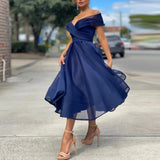 Purpdrank - Summer New Fashion Women A-Line Wedding Party Dress Sexy Off Shoulder Solid Long Dress Elegant Chic Wrap V Neck Ruffle Dresses