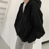 Purpdrank - Women Korean Version Loose Hoodies Long Sleeve Zip Up Solid Pocket Oversized Sweatshirts Female Thin Harajuku Hooded Coat Top