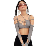 Purpdrank - Goth Dark Cyber Y2k Techwear Punk Women Halter Tops Gothic egirl Patchwork Long Sleeve Crop Top Sexy Cut Out Casual T-shirts