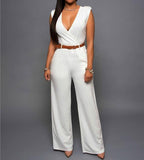 Purpdrank - New Women Jumpsuit Lady Sleeveless Romper Bodysuit Bodycon High-waist V-neck Wide-leg Pants Irregular Suit With Belt Playsuit
