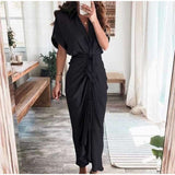 Purpdrank - 2023 New Bandage Single Breasted Dress Women Casual Short Sleeve Button Solid Maxi Dress For Woman Summer Holiday Style Dress