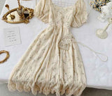 Purpdrank - Spring Outfits Romantic Women Lace Embroidery Party Dress Summer Elegant Floral Print Short Puff Sleeve Gothic Vintage Midi Dress