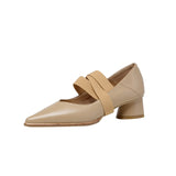 Purpdrank - New Genuine Leather Elastic Band Women Shoes Fashion Spring/Autumn Pointed Toe Shallow Pumps Thick Heel Shoes Woman Size 34-40