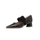 Purpdrank - New Genuine Leather Elastic Band Women Shoes Fashion Spring/Autumn Pointed Toe Shallow Pumps Thick Heel Shoes Woman Size 34-40