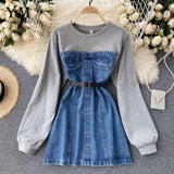 Purpdrank - Chic Women Hoodies Denim Dress New Fashion Long Sleeve Cotton Sweatshirt Patchwork Mini Jeans Dress with Belt