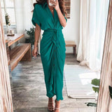 Purpdrank - 2023 New Bandage Single Breasted Dress Women Casual Short Sleeve Button Solid Maxi Dress For Woman Summer Holiday Style Dress