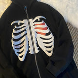 Purpdrank - Y2K Harajuku Korean Style Loose Skeleton Zip Up Hoodie Goth Grunge Long Sleeve Hooded Jacket Retro Black Oversized Sweatshirt