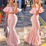 Purpdrank - Women Two Piece Outfits Off Shoulder Ruffle Crop Tops and Flare Pants 2 Piece Set Summer Club Party Festival Set