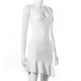 Purpdrank - Elegant V Neck Ruffles Strap Sexy Bodycon Dress For Women 2023 Summer Sleeveless Office Lady Vintage Party White Dress