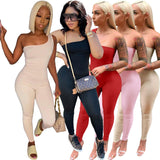 Purpdrank - Sexy One Shoulder Long Jumpsuit Women Sleeveless Casual Rompers Summer Spring Solid One Piece Outfit Bodycon Jumpsuit