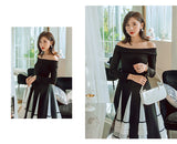 Purpdrank - Spring New Arrivals Black Dress Slash-neck Long Sleeves Elegant Dress A-line Mid-calf Dinner Party Dress