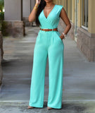 Purpdrank - New Women Jumpsuit Lady Sleeveless Romper Bodysuit Bodycon High-waist V-neck Wide-leg Pants Irregular Suit With Belt Playsuit