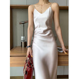 Purpdrank - Summer Women Satin Slip Dress Backless Vintage Solid Elegant Lady Green Sexy Silk Long Party Dress