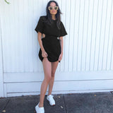 Purpdrank - Spring and Summer New Pure Cotton O-Neck Fashion A-Line Black Short-Sleeved Hollow Out Sexy Careful Pleated Mini Skirt