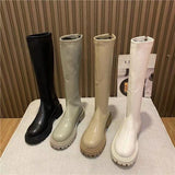 Purpdrank - Platform Knee High Boots Slip-on Block Heel Footwear Women Thick High Heels PU Leather Shoes Fashion Spring Female Boots