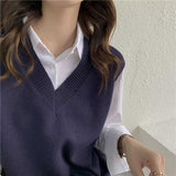 Purpdrank - Sweater Vest Women V-neck Solid Simple Slim All-match Casual Korean Style Teens Chic Fashion Autumn Winter Sleeveless Sweaters