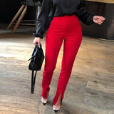 Purpdrank - New Women Sexy Front Slit Pencil Pants Solid Color Elastic High Waist Elegant Casual Office Ladies Tight Stretch Trousers Workwear