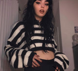 Purpdrank - Harajuku loose Crop Sweaters Women Gothic Streetwear Striped O-neck Long Sleeve Sweaters Vintage Punk Pullover Autumn