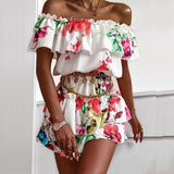 Purpdrank - Sexy Off Shoulder Ruffle Mini Dresses Women Elegant Slash Neck Summer Beach Dress Casual Vintage Floral Print Ladies Party Dress