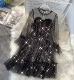 Purpdrank - New Female O-neck Stars Sequined Mesh Shiny Fairy Dress Women Elegant Bling Gauze Princess Puff Dresses Vestidos De Fiesta