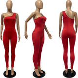 Purpdrank - Sexy One Shoulder Long Jumpsuit Women Sleeveless Casual Rompers Summer Spring Solid One Piece Outfit Bodycon Jumpsuit