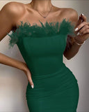 Purpdrank - New Summer Sexy Strapless Backless Feather Black Midi Women Bodycon Bandage Dress Designer Fashion Party Club Dress Vestido