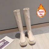 Purpdrank - Platform Knee High Boots Slip-on Block Heel Footwear Women Thick High Heels PU Leather Shoes Fashion Spring Female Boots