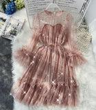 Purpdrank - New Female O-neck Stars Sequined Mesh Shiny Fairy Dress Women Elegant Bling Gauze Princess Puff Dresses Vestidos De Fiesta