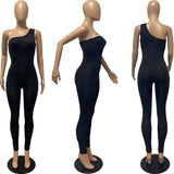 Purpdrank - Sexy One Shoulder Long Jumpsuit Women Sleeveless Casual Rompers Summer Spring Solid One Piece Outfit Bodycon Jumpsuit