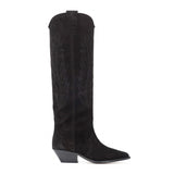 Purpdrank - Women's High Boots Nude Black Suede Embroidered Knee High Boots Women Sexy Pointed Toe Spike Kitten Heels Knight Boots