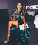 Purpdrank - Women's Halter Satin Long Prom Dresses with Pockets Criss Cross Open Back Side Slit Dinner Party Dresses