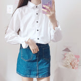 Purpdrank - New Cute Bow College Wind Shirt Female Flare Sleeve Women Blouse Harajuku Uniform Shirt Lace Up White Blouses Woman Tops