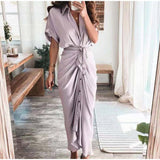 Purpdrank - 2023 New Bandage Single Breasted Dress Women Casual Short Sleeve Button Solid Maxi Dress For Woman Summer Holiday Style Dress